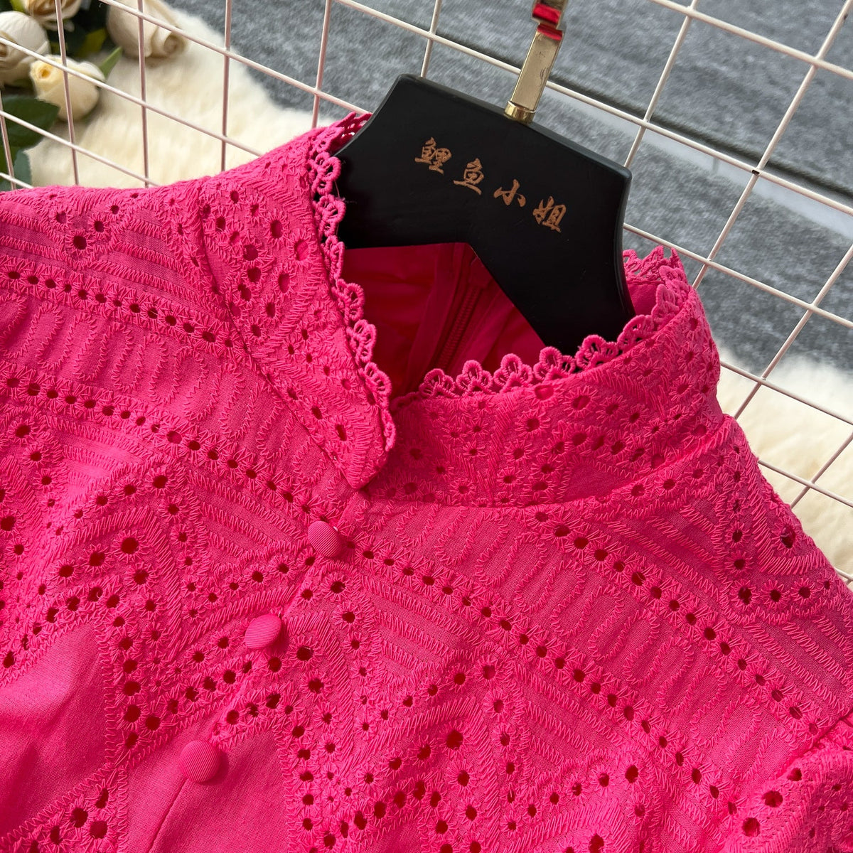 Hollowed Crochet Single-breasted Shirt Dress