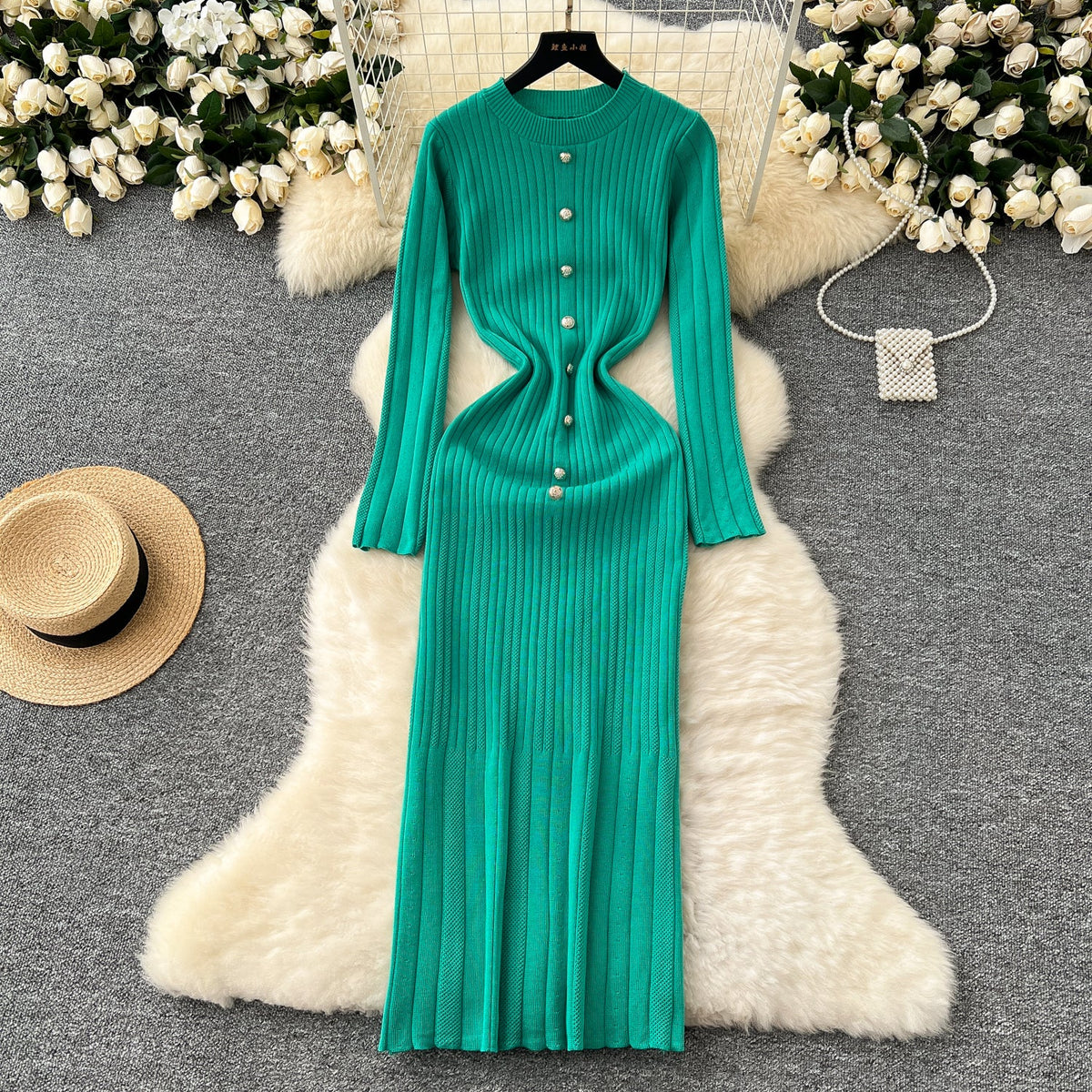 Metal Button Round Collar Knitted Dress