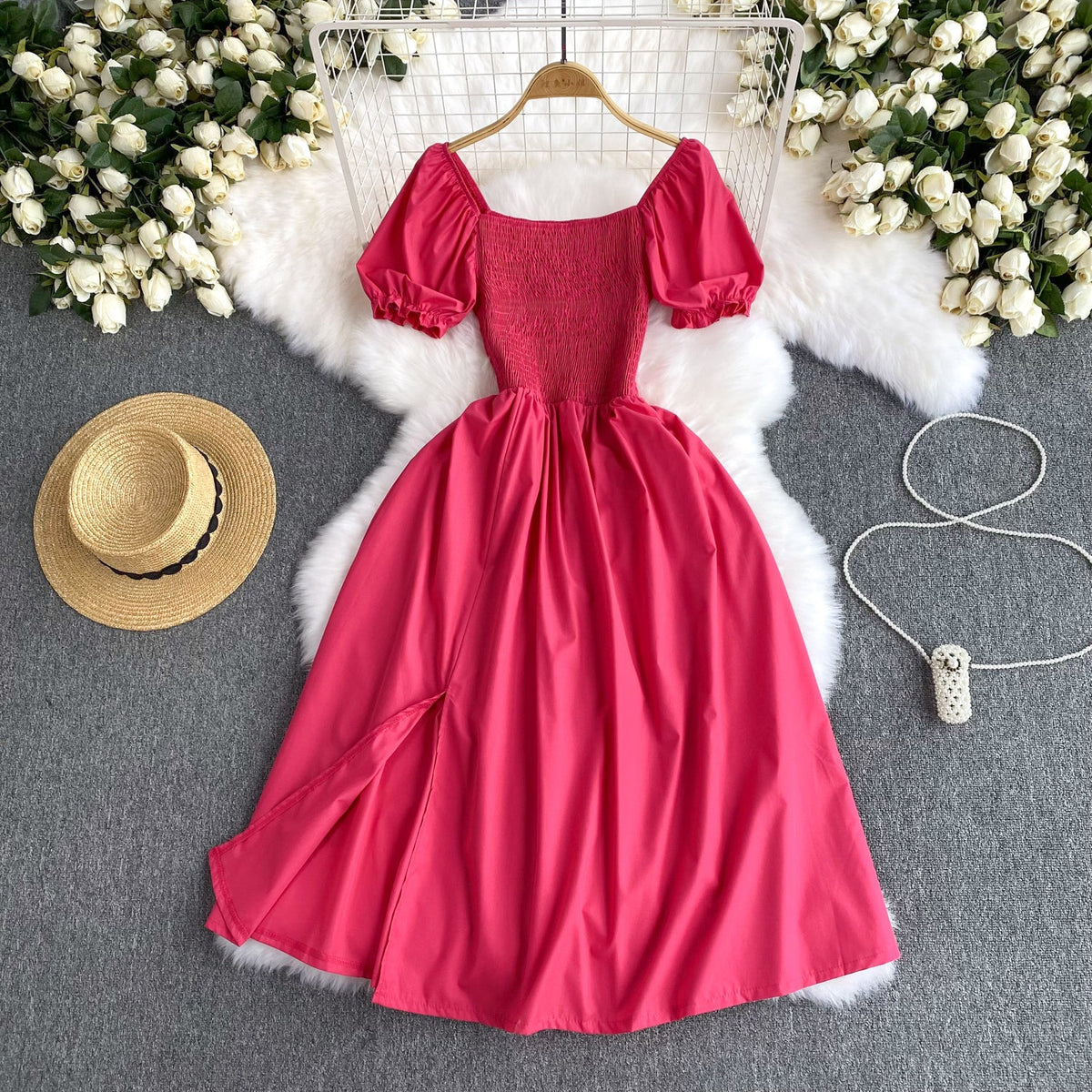 Mori Solid Color Waist-slimming Puffy Dress