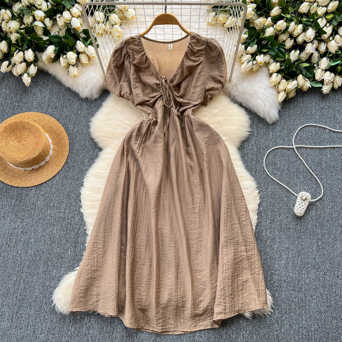 Mori Puffy Sleeve Drawstring Chiffon Dress