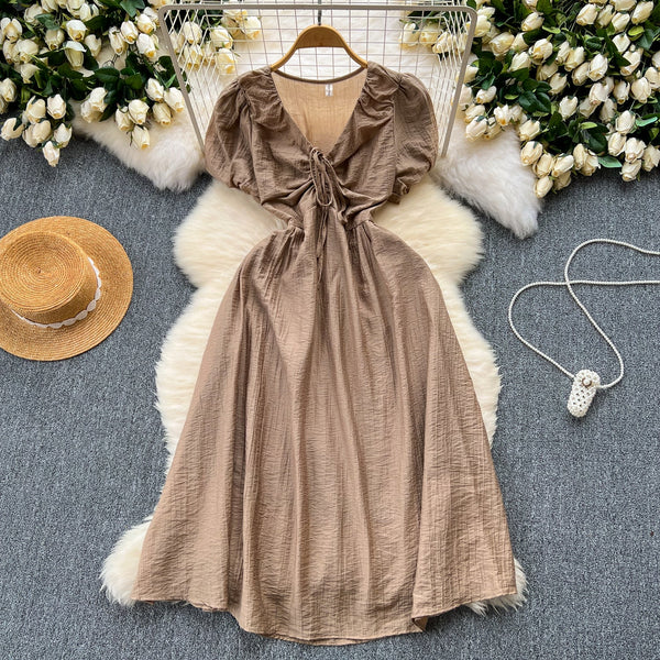 Mori Puffy Sleeve Drawstring Chiffon Dress