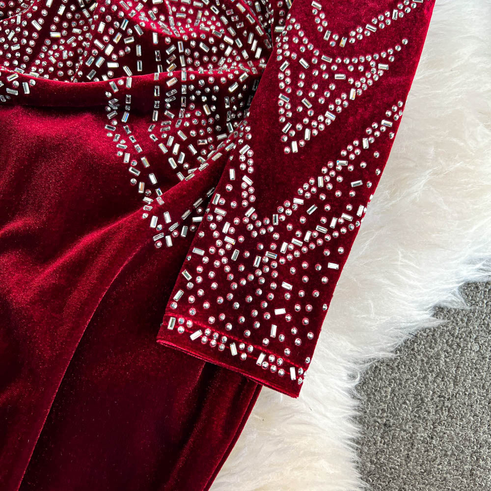 Rhinestone Studded V-neck Suede Dress