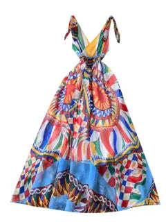 V-neck Colorful Printed Chiffon Dress