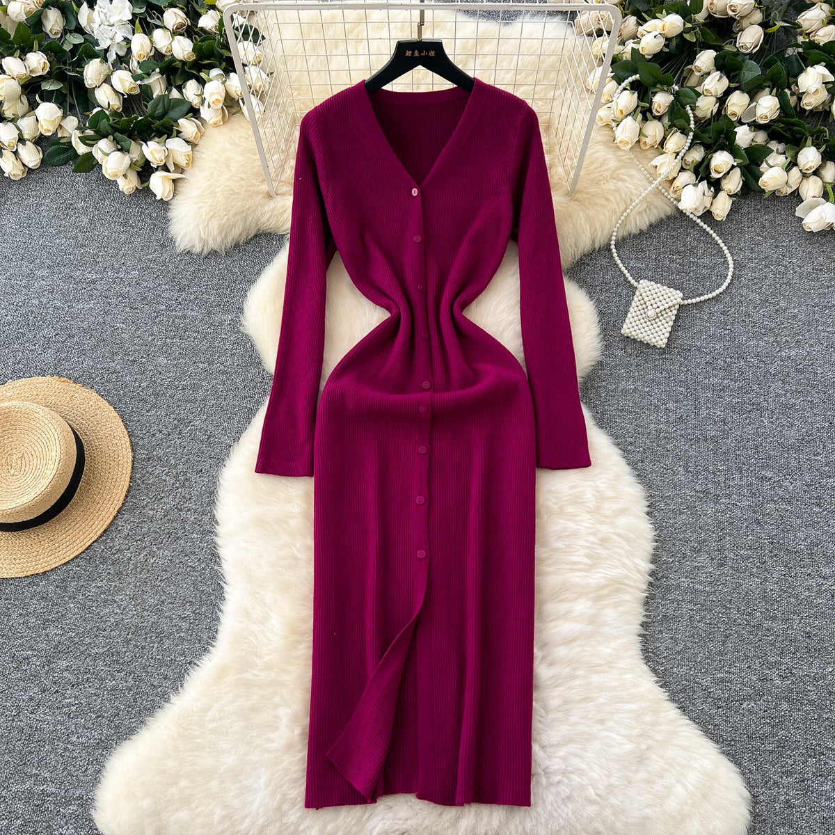 V-neck Single-breasted Cardigan Dress