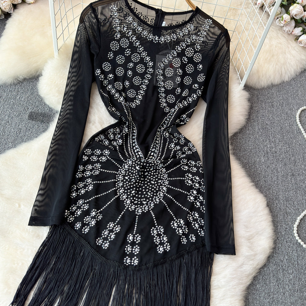 Parti Boncuklu Fringe Siyah Elbise