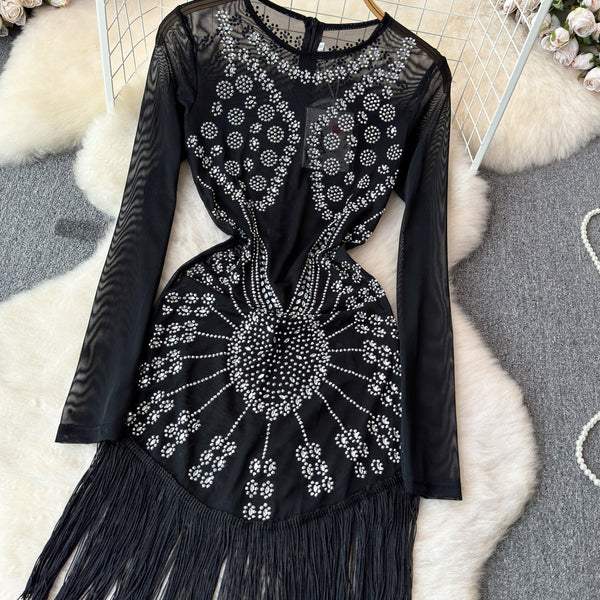Parti Boncuklu Fringe Siyah Elbise