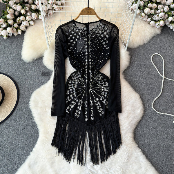 Parti Boncuklu Fringe Siyah Elbise
