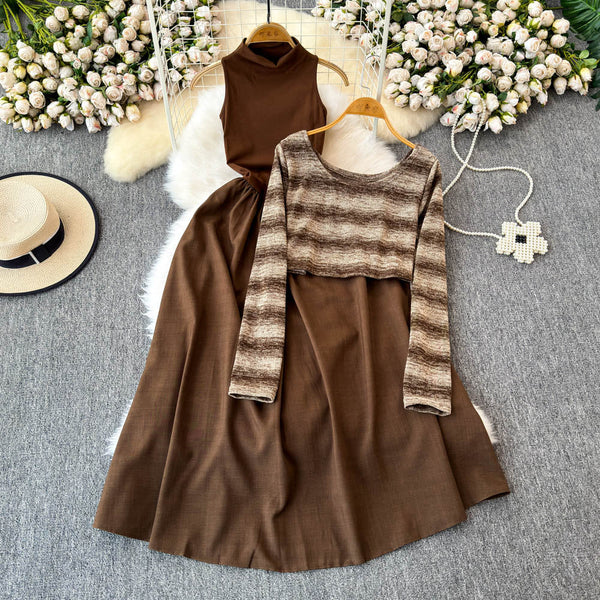 Striped Knitwear&Halter Dress 2Pcs