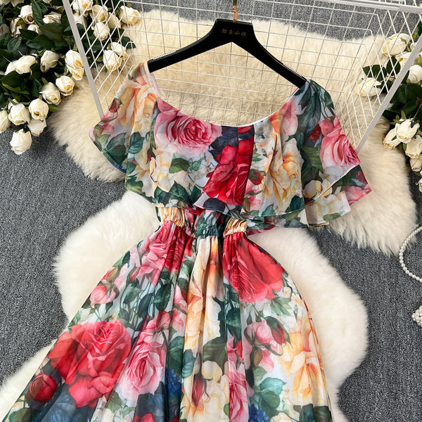 Fairy Ruffled Neckline Floral Dress