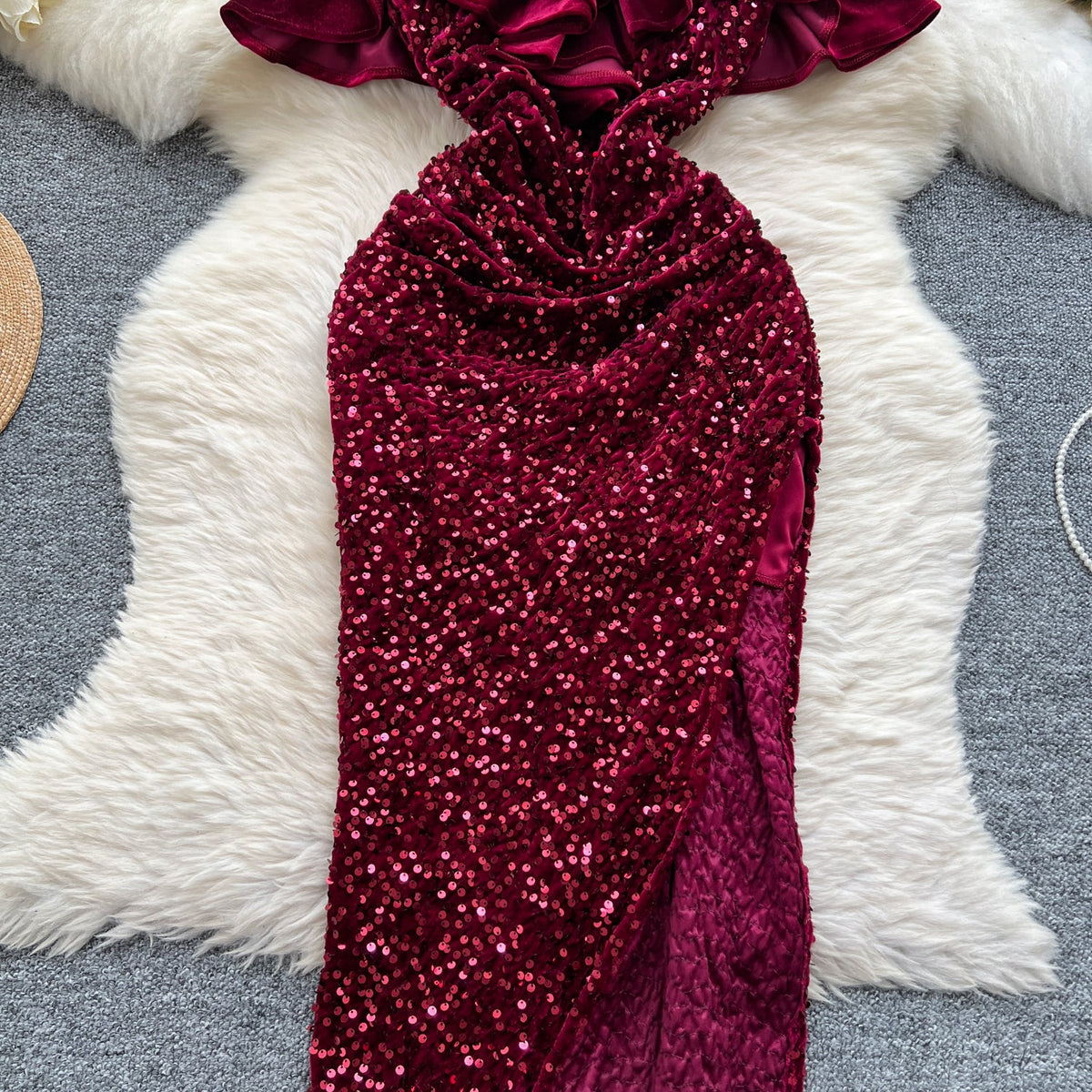 Ruffled Neckline Sequined Velvet Dress
