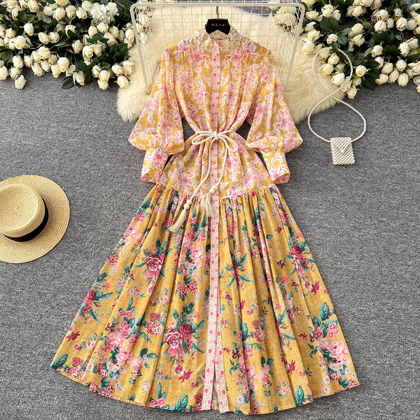 Vintage Patchwork Floral Pleated Dress