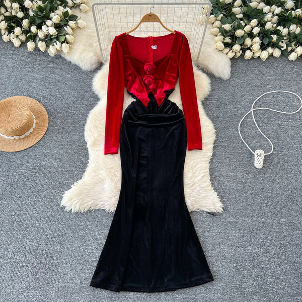 3D Floral Suede Patchwork Dress