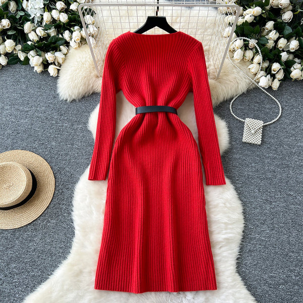 Vintage Solid Color Knitted Dress with Belt