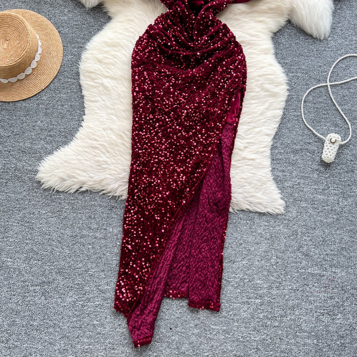 Ruffled Neckline Sequined Velvet Dress