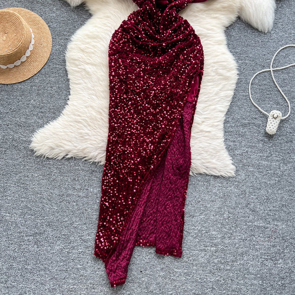 Ruffled Neckline Sequined Velvet Dress