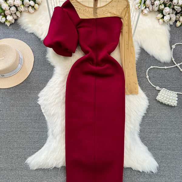 Irregular Design Beaded Mesh Patchwork Dress