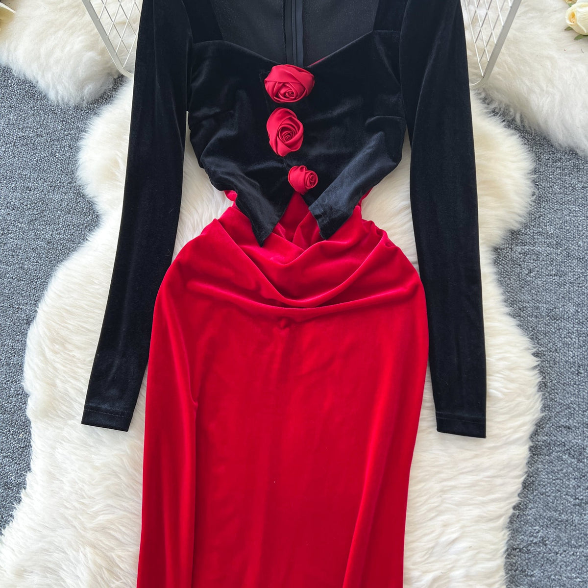 3D Floral Suede Patchwork Dress