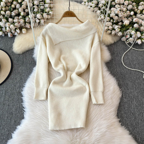 Slant Neckline Waist-slimming Knitted Dress