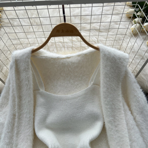 Soft Cardigan&Pleated Dress Knitted 2Pcs