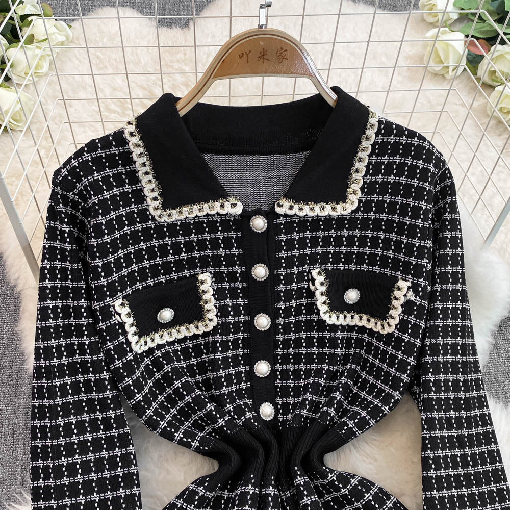 Lapeled Plaid Tweed Knitted Dress