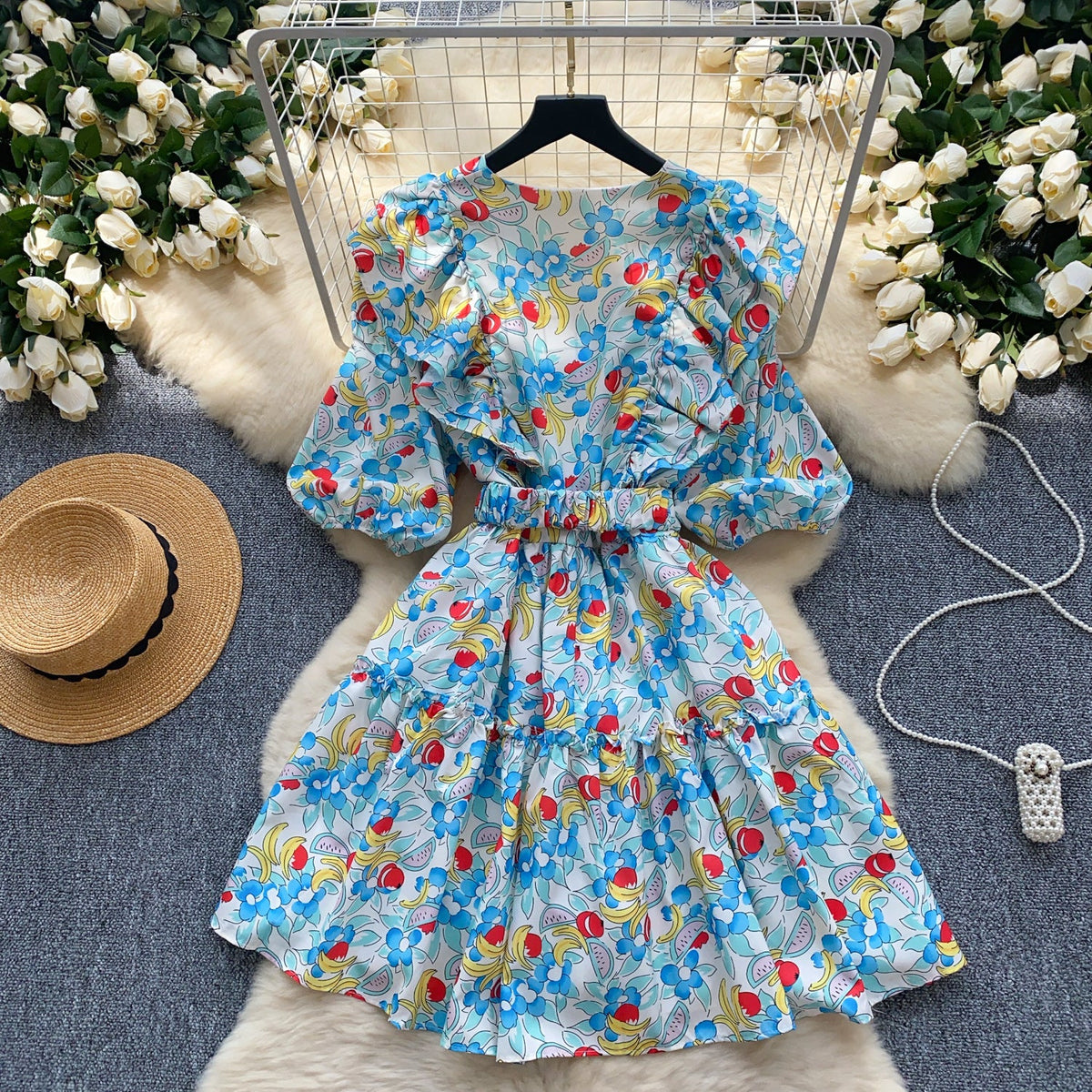 Ruffled Collar Floral Puffy Dress