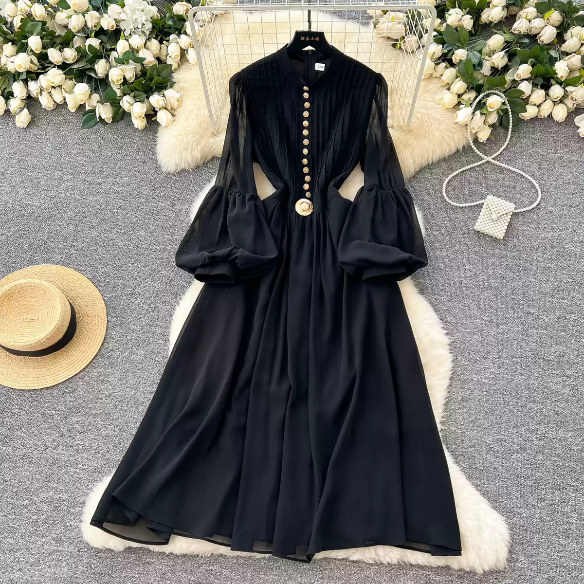 Elegant Metal Button Black Chiffon Dress