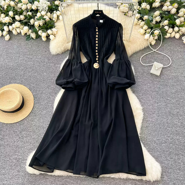 Elegant Metal Button Black Chiffon Dress