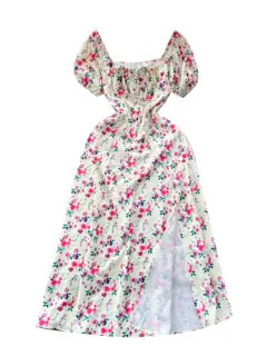 Ruffled Neckline Floral Split Dress