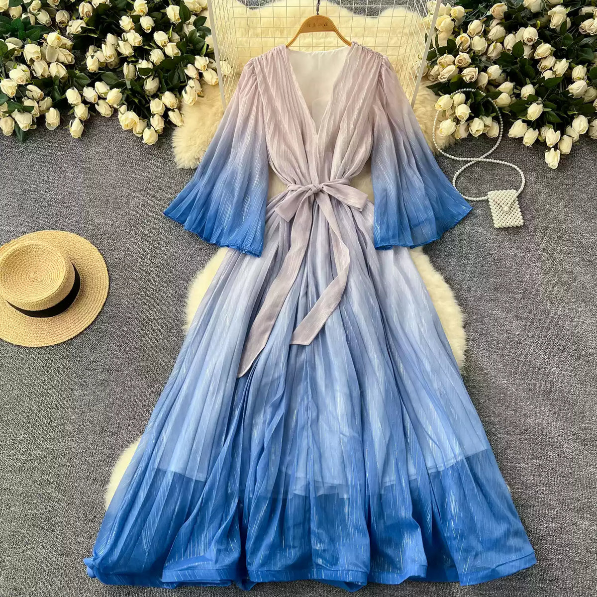 Gradient Color V-neck Fairy Dress