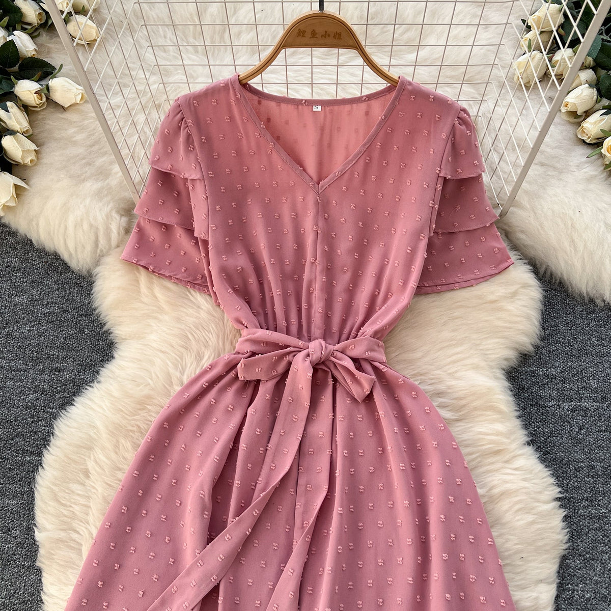 Mori Lace-up Pink Midi Dress