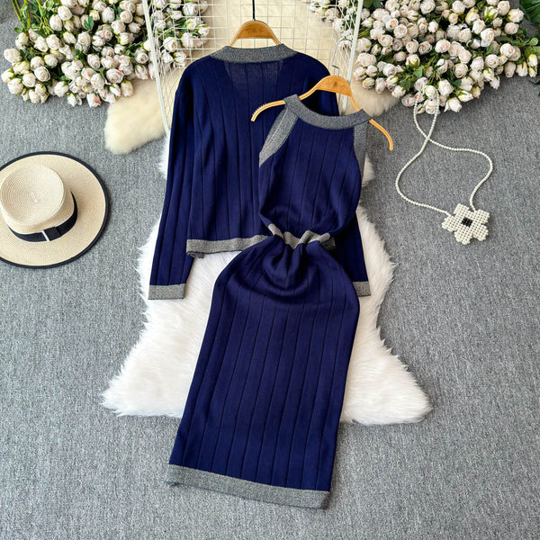 Cardigan&Vest Dress Color Blocking 2Pcs