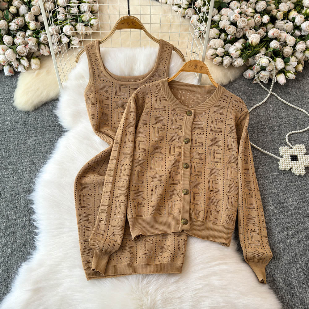 Cardigan&Slip Dress Printed Knit 2Pcs