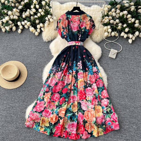 Vintage Colorful Floral Lapel Dress