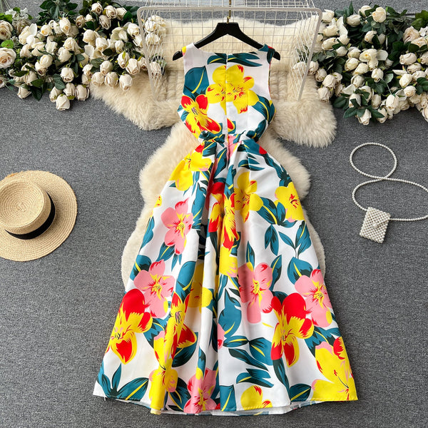 Vintage Round Collar Floral Vest Dress