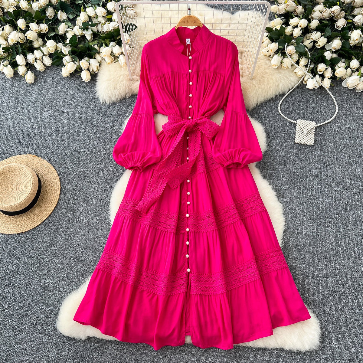 Courtly Lace-up Patchwork Shirt Dress