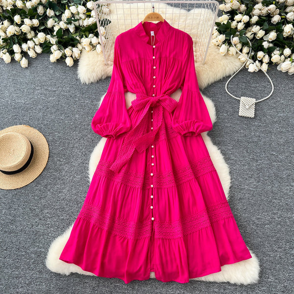 Courtly Lace-up Patchwork Shirt Dress