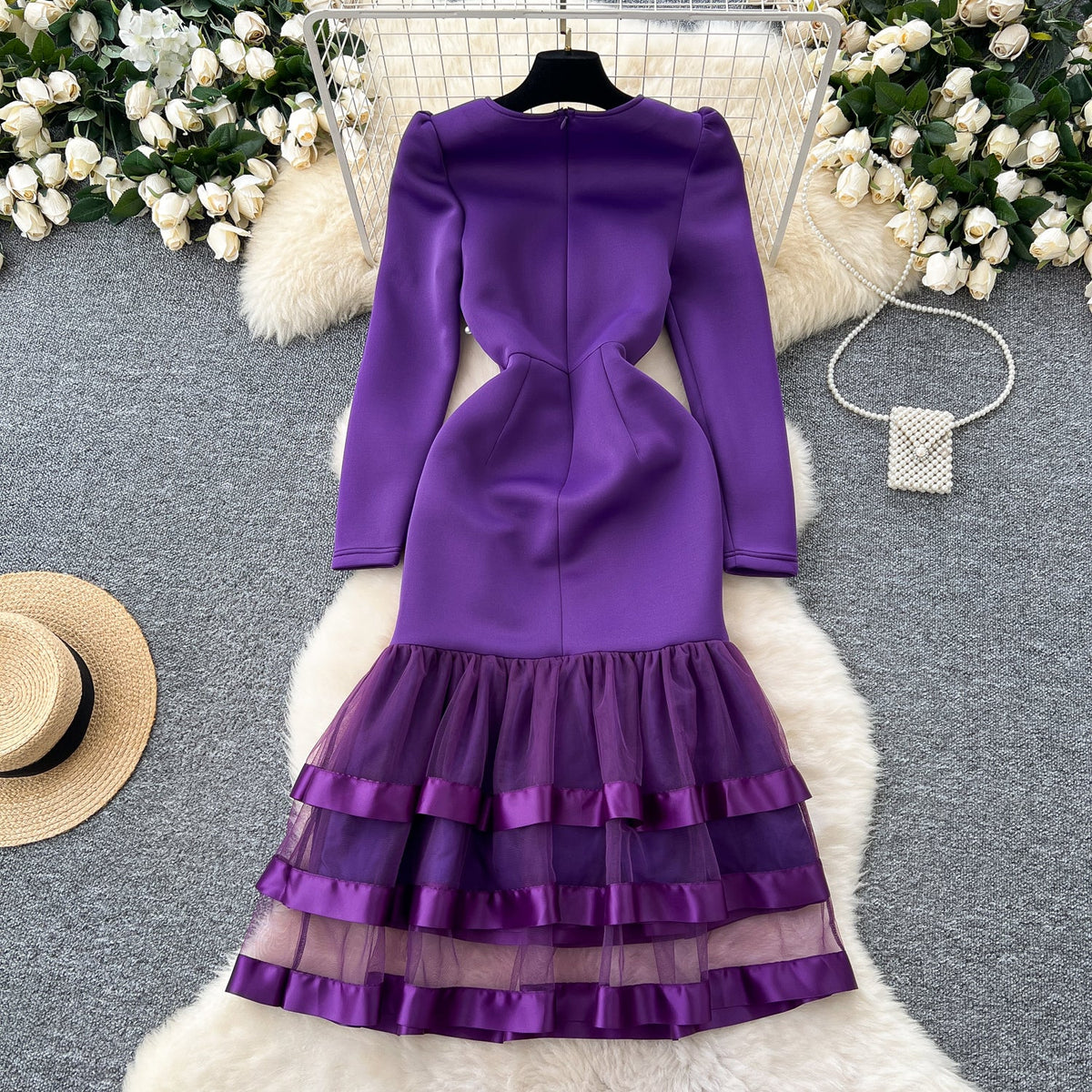 Beaded Mesh Pendulum Purple Dress