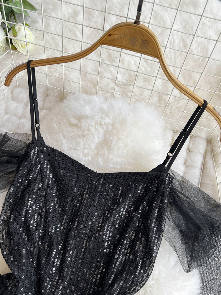 Ruffled Neckline Black Sequined Party Dress