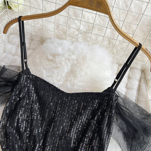 Ruffled Neckline Black Sequined Party Dress