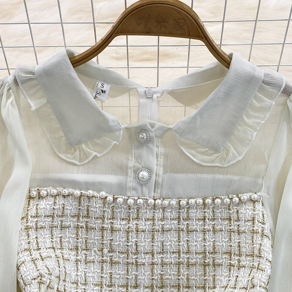 Tweed Patchwork Chiffon Shirt Dress