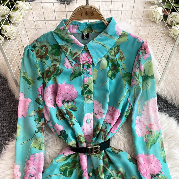Vintage Floral Printed Shirt Dress