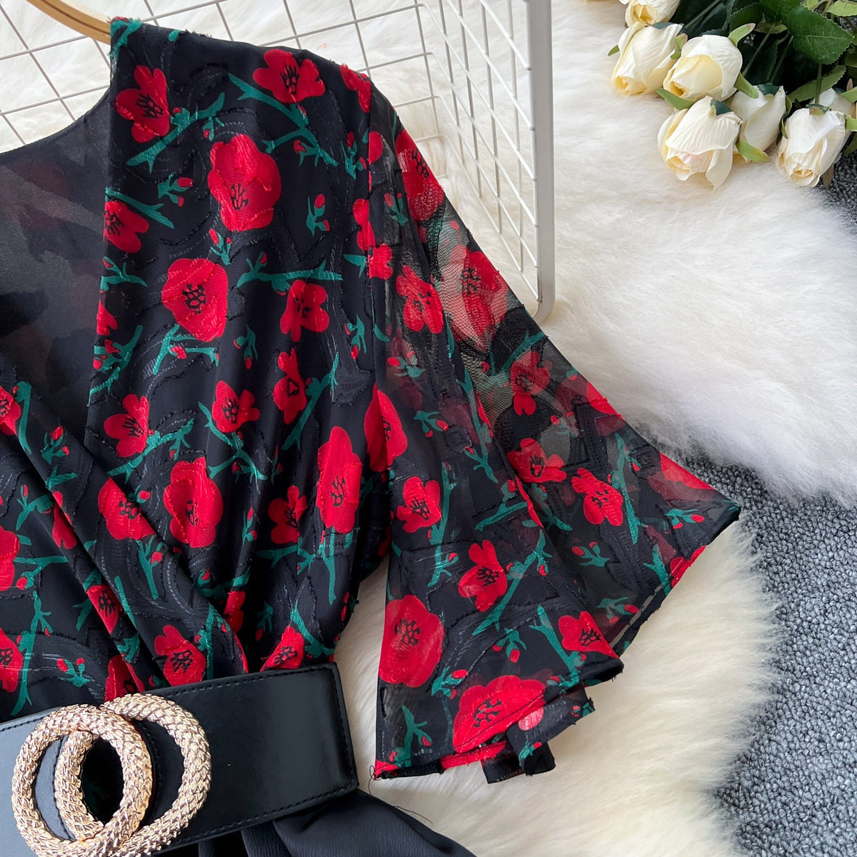 V-neck Floral Patchwork Black Dress