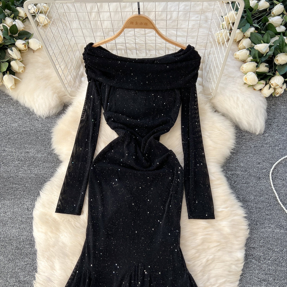 Off-shoulder Sequined Black Dress