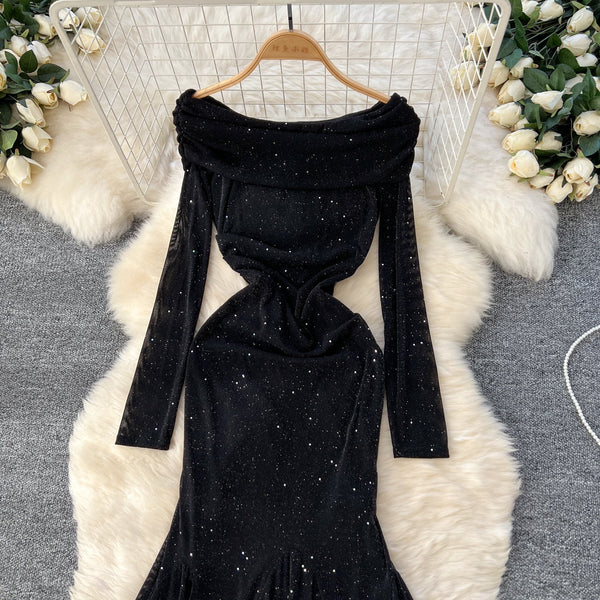 Off-shoulder Sequined Black Dress