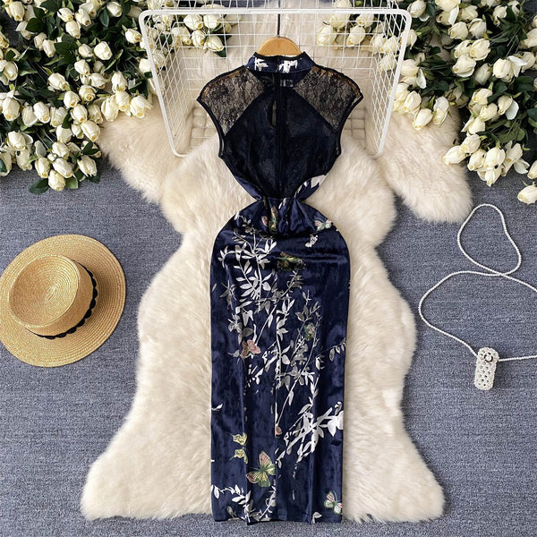 Ethnic Floral Sleeveless Split Cheongsam