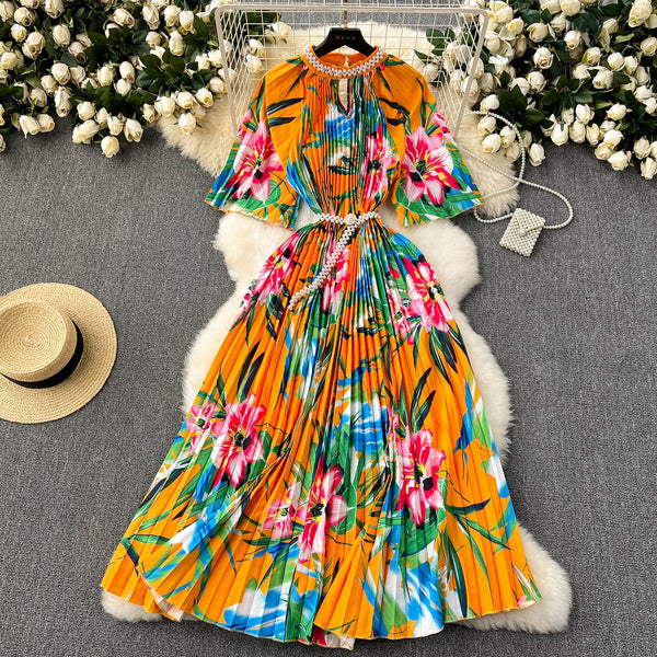 Beaded Crew Neck Printed Dress
