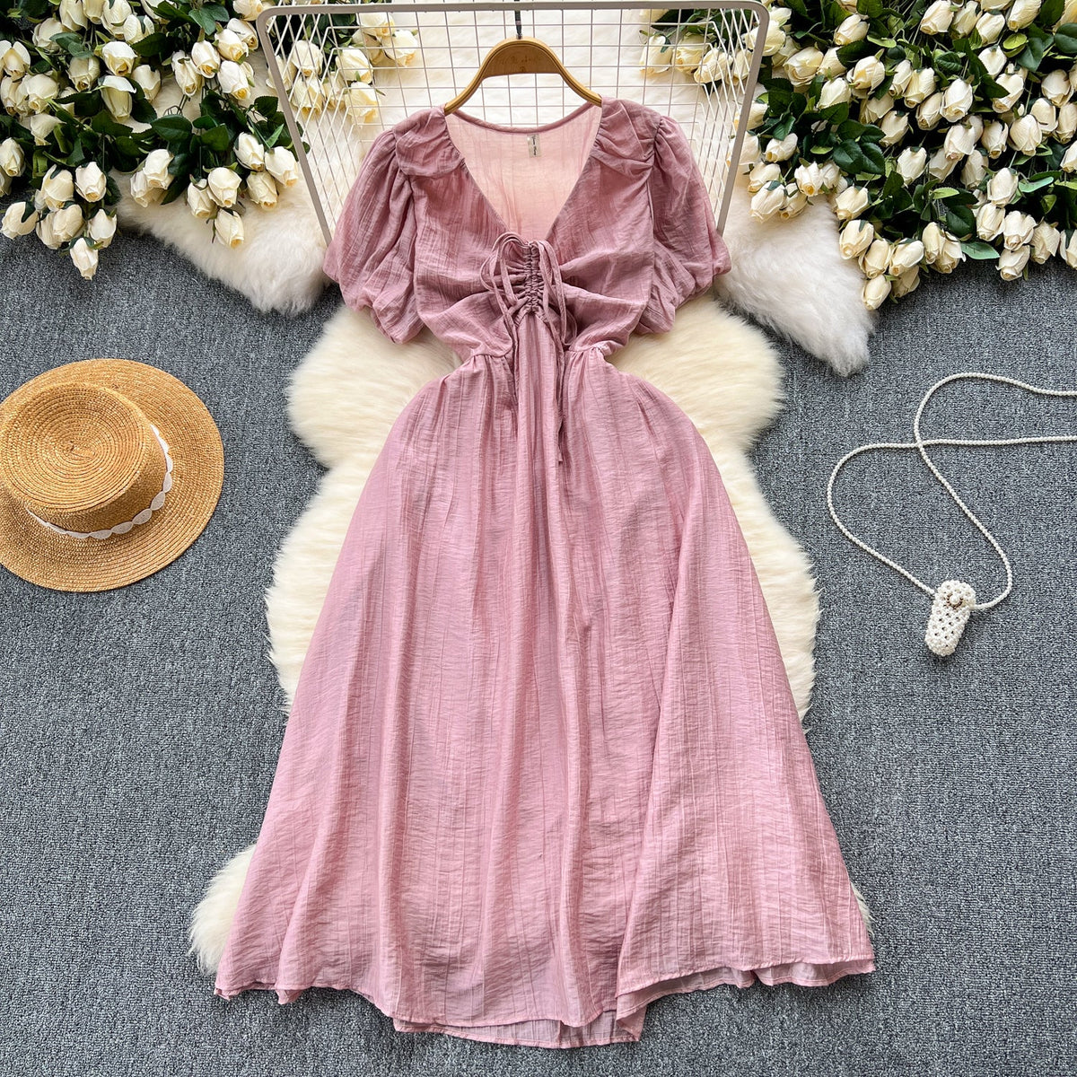 Mori Puffy Sleeve Drawstring Chiffon Dress