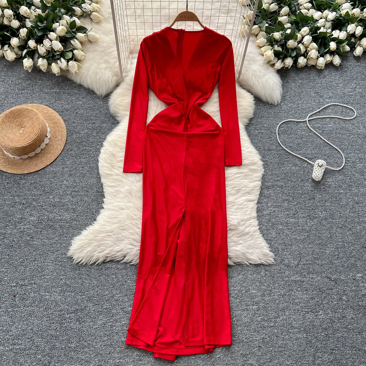 Premium V-neck Rhinestone Studded Dress