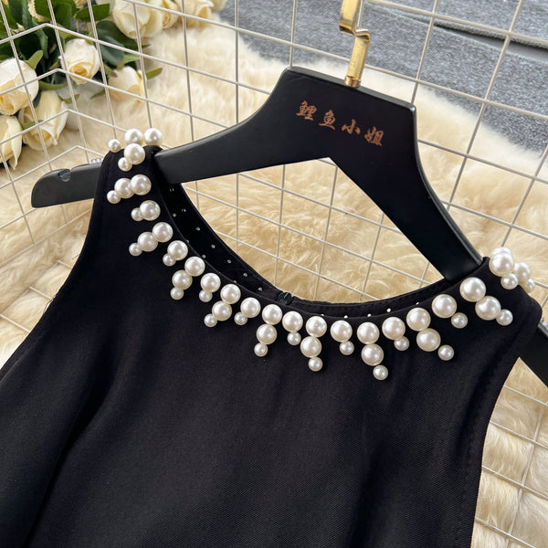 Beaded Sleeveless Halter Black Dress