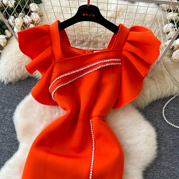 Ruffled Sleeve Sequined Orange Dress